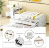 A white bed with yellow accents, shown with various feature callouts. Produktbild-Vorschau