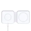 A white dual wireless charger with a USB-C cable attached. Produktbild-Vorschau