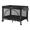 A black travel crib with mesh sides and a gray organizer attached to the side. Produktbild-Vorschau
