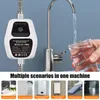 A water booster pump is shown connected to a faucet, with water flowing into a glass. Below are multiple scenarios of its use. Náhled obrázku produktu