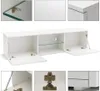 A collage of images showing a white TV stand with its doors open, close-ups of its construction, and details of its hardware. Produktbild-Vorschau