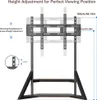 Diagram showing a TV stand with height adjustment measurements. Produktbild-Vorschau