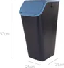 A black trash can with a blue lid, shown in a studio setting with dimensions indicated. Produktbild-Vorschau