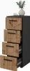 A tall, narrow chest of drawers with four drawers, each with a unique wooden front design and black handles. The top surface has a decorative vase with greenery and a stone. Voir les images du produit