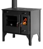 A black wood-burning stove with a glass oven door and a stovetop. Náhled obrázku produktu