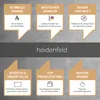 Marketing graphic with feature callouts for a Heidenfeld product. Produktbild-Vorschau
