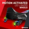 Close-up of the rear wheels of a Razor Crazy Cart Shift Lightshow Lithium, with the wheels illuminated by colorful LED lights. Produktbild-Vorschau