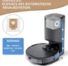 A robot vacuum cleaner and its charging/emptying station are shown with a dust bag and compatibility information. Produktbild-Vorschau