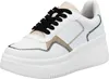 A single white sneaker with black laces and beige accents is shown against a white background. Produktbild-Vorschau
