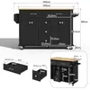 Dimensions and details of a black kitchen island with a wooden countertop. Voir les images du produit