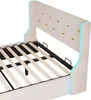 A close-up view of a bed frame with a tufted headboard and LED lighting. Produktbild-Vorschau