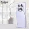 A clear TPU phone case is shown covering the back of a light purple smartphone. Produktbild-Vorschau