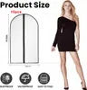 A product image showing garment bags and a model wearing a black dress, with size and feature icons at the bottom. Produktbild-Vorschau