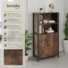 A highboard with two doors and open shelves, displayed in a room setting with plants and decorative items. A text overlay on the left describes product features. Produktbild-Vorschau