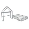 A grey metal house-shaped bed frame and a separate bed base with railings, shown against a white background. Náhľad obrázku produktu