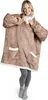 A woman wearing a brown hooded blanket with white trim and pockets. Produktbild-Vorschau