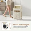 A person walks past a beige laundry cart with storage baskets and wheels. A close-up of a wheel with locking mechanism is shown below. Náhled obrázku produktu