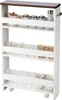 A white four-tier rolling storage cart with a brown top shelf, filled with various kitchen items like jars, glasses, and bowls. Náhľad obrázku produktu