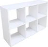 A white cube shelf unit with six compartments, shown from a slightly elevated diagonal angle against a white background. Náhled obrázku produktu
