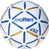 A white handball with blue and gold accents is shown against a white background. Produktbild-Vorschau