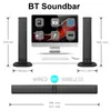 A diagram showing a BT soundbar with dimensions and connection options, alongside two tower speakers and a computer monitor. Produktbild-Vorschau