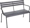 A dark gray metal garden bench is shown against a white background.