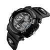 A black digital sports watch with a black polyurethane band, shown from a diagonal angle against a white background. Produktbild-Vorschau