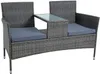 A polyrattan garden bench with a central table and cushions, shown against a white background.