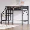 A loft bed with stairs and shelves is shown in a room. Náhled obrázku produktu