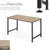 A desk with a wooden top and black metal legs, shown from a slightly elevated angle. Text describes the solid construction and adjustable feet. A close-up of the wood grain is also shown. Náhled obrázku produktu