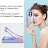 A woman holding a phone case in front of her face, with product information and a diagram of the case on the left. Produktbild-Vorschau