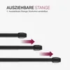 Three black telescopic rods are shown at different lengths, with arrows indicating extension. Anteprima dell’immagine prodotto