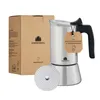 A stainless steel espresso maker and its packaging are displayed against a white background. Produktbild-Vorschau
