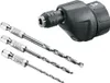 A Bosch drill attachment and three drill bits are shown against a white background. Podgląd zdjęcia produktu