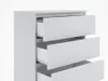 A white chest of drawers with three drawers partially open, shown from a diagonal angle against a white background. Produktbild-Vorschau