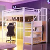 A white loft bed with a desk and storage integrated into the stairs, set in a modern bedroom with purple and yellow lighting. Podgląd zdjęcia produktu