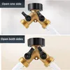 Two images showing a brass Y-splitter for garden hoses. The top image shows water flowing from one side, labeled 'Open one side'. The bottom image shows water flowing from both sides, labeled 'Open both sides'. Produktbild-Vorschau