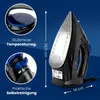 Product image featuring a steam iron with close-ups of its features and dimensions indicated. Náhled obrázku produktu