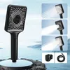 A black handheld showerhead is displayed on a rock with a water background. Several inset images show the showerhead in use with different spray patterns, and two smaller images show accessories. Anteprima dell’immagine prodotto