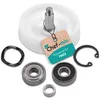 A set of spare parts for a kitchen machine, including bearings, a washer, and a retaining ring, laid out on a white background. Produktbild-Vorschau