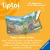 An open book with illustrations of dinosaurs and a tiptoi pen touching the page, set against an orange background with promotional text. Podgląd zdjęcia produktu