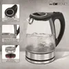 Collage of images showing a glass electric kettle with water boiling inside, and close-ups of its features. Produktbild-Vorschau