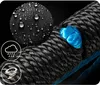 Close-up of a black rope with a blue loop, with inset graphics showing water droplets on fabric, a rain cloud, and a tornado. Podgląd zdjęcia produktu