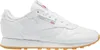 A white Reebok Classic Leather sneaker with a gum sole, shown from the side. Produktbild-Vorschau