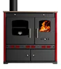 A black and red wood-burning stove with a chimney and a lit fire visible through a glass door. Anteprima dell’immagine prodotto
