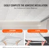 The image shows two methods of installing ceiling tiles: glue-down and lay-in. The top part of the image displays a finished ceiling with the tiles installed. Anteprima dell’immagine prodotto