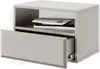 A beige nightstand with an open drawer and books on a shelf. Produktbild-Vorschau