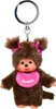 A plush Monchhichi keychain with a pink bib. Produktbild-Vorschau