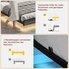 Collage showing a bed frame with features highlighted, including hidden feet for safety and mattress stoppers. Produktbild-Vorschau