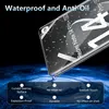 A close-up of a phone screen protector with water droplets, demonstrating its waterproof and anti-oil properties. Below the protector, there are feature callouts. Produktbild-Vorschau